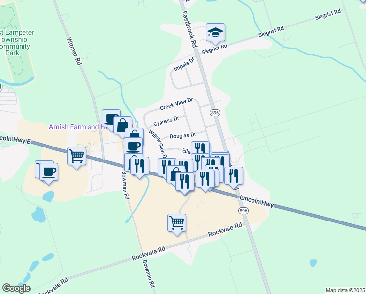 map of restaurants, bars, coffee shops, grocery stores, and more near 2447 Ellendale Drive in Lancaster