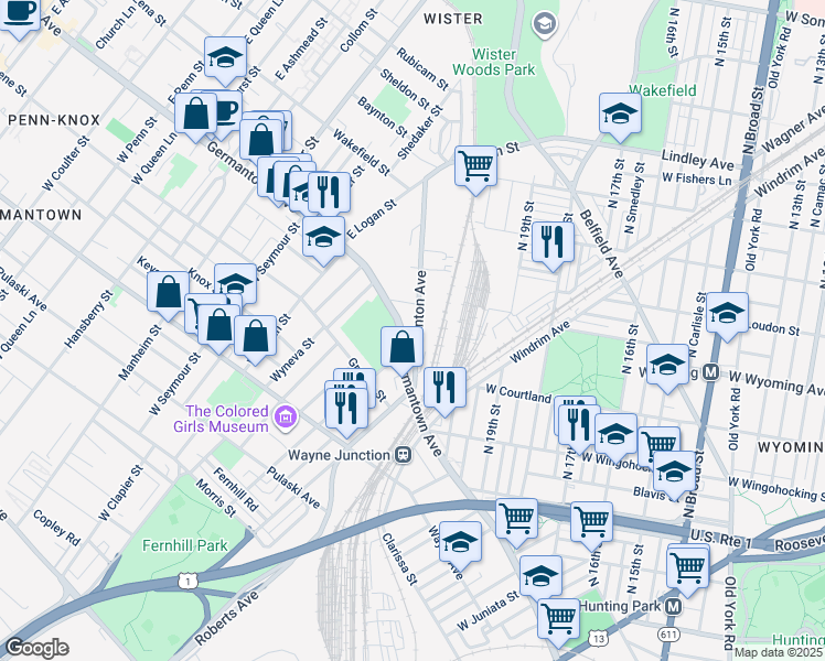 map of restaurants, bars, coffee shops, grocery stores, and more near 4648 Stenton Avenue in Philadelphia