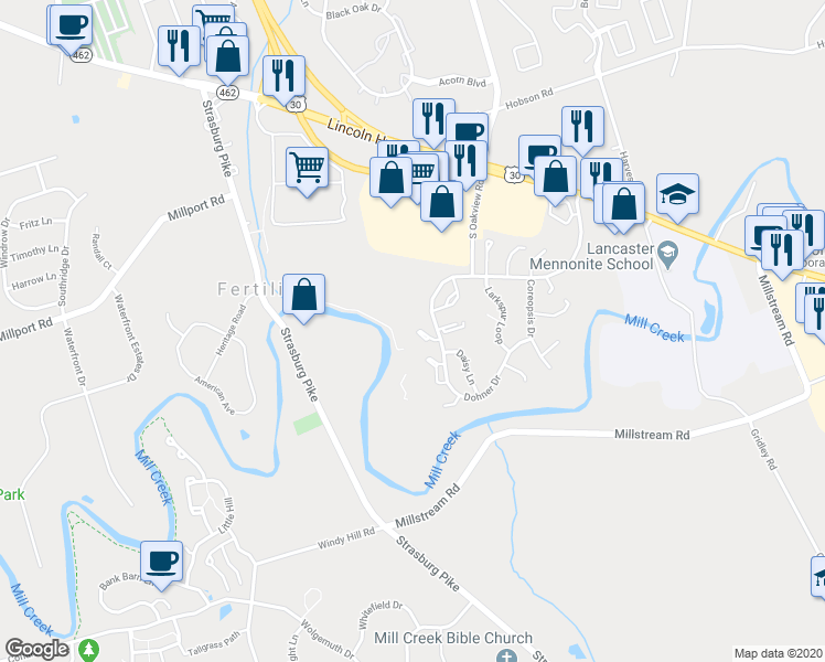 map of restaurants, bars, coffee shops, grocery stores, and more near 466 Dohner Drive in Lancaster