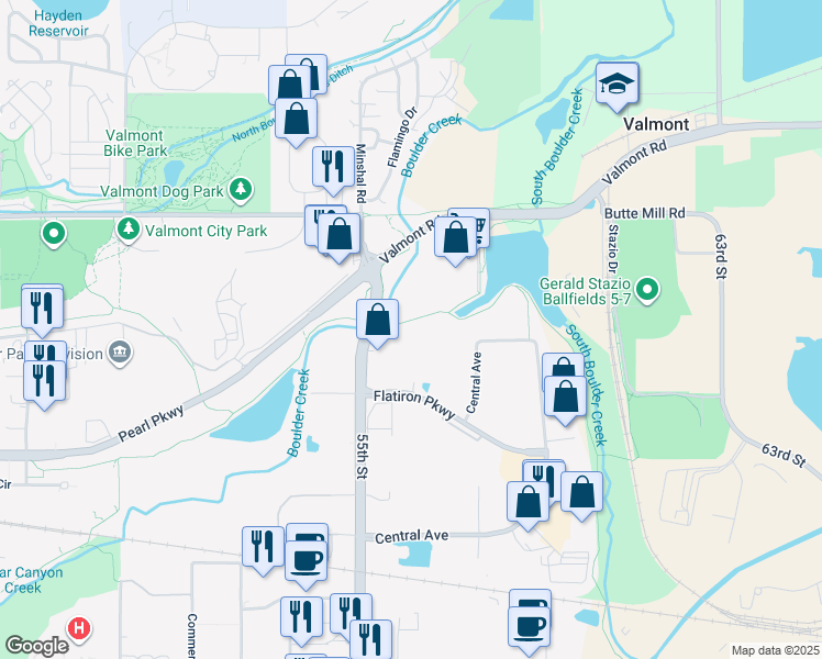 map of restaurants, bars, coffee shops, grocery stores, and more near 2580 55th Street in Boulder
