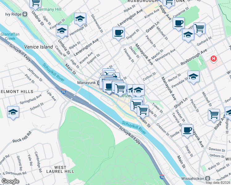map of restaurants, bars, coffee shops, grocery stores, and more near 4325 Main Street in Philadelphia