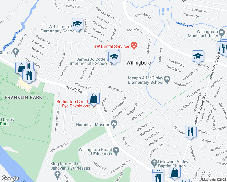 map of restaurants, bars, coffee shops, grocery stores, and more near 70 Marchmont Lane in Willingboro