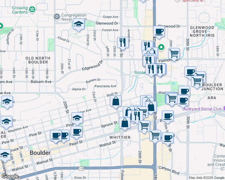 map of restaurants, bars, coffee shops, grocery stores, and more near 2528 Bluff Street in Boulder