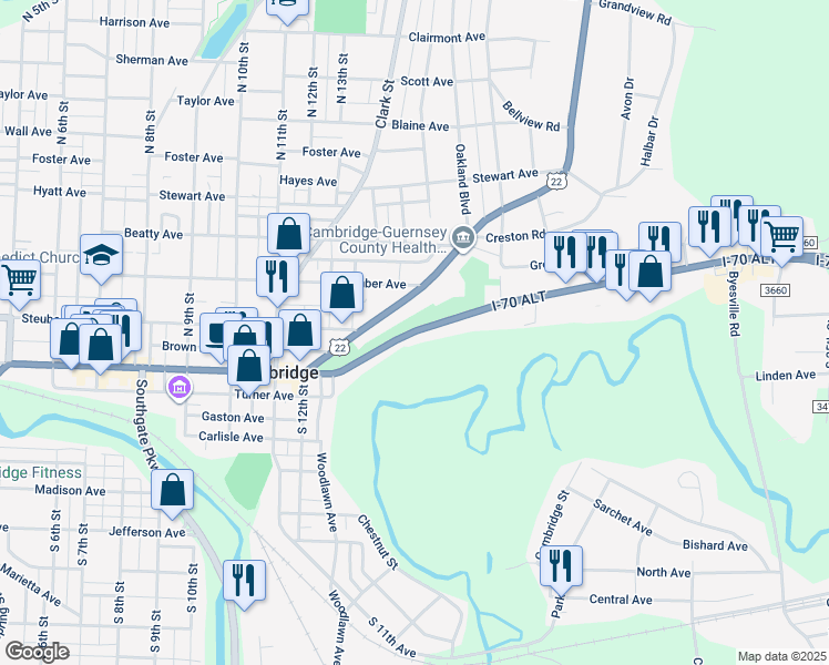 map of restaurants, bars, coffee shops, grocery stores, and more near 1426 East Wheeling Avenue in Cambridge