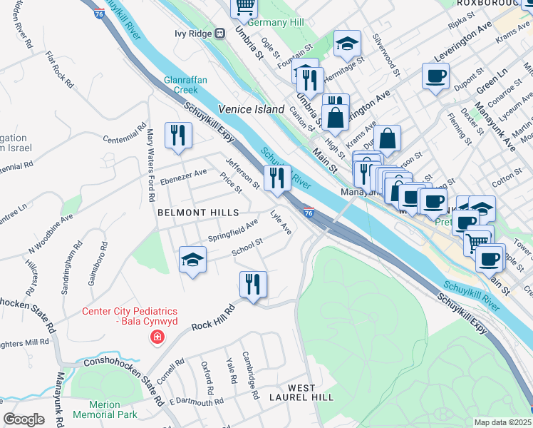 map of restaurants, bars, coffee shops, grocery stores, and more near 50 Ashland Avenue in Bala Cynwyd