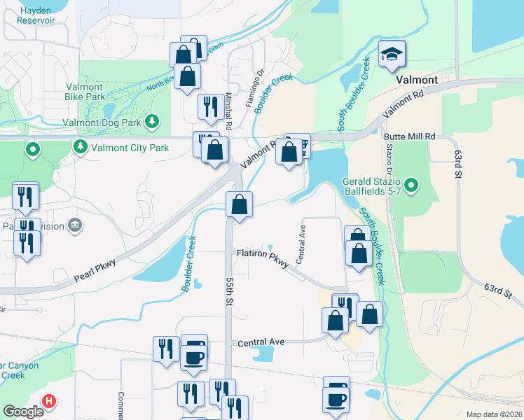 map of restaurants, bars, coffee shops, grocery stores, and more near 2580 55th Street in Boulder