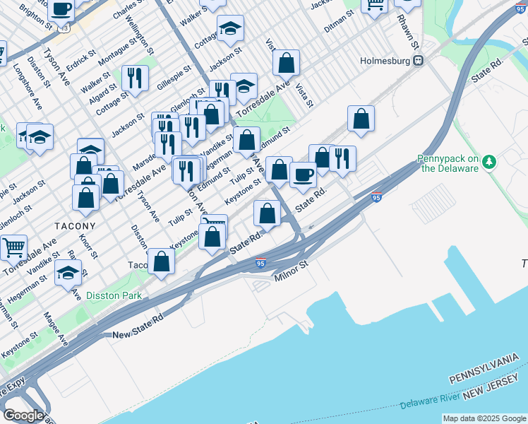 map of restaurants, bars, coffee shops, grocery stores, and more near 4945 Wellington Street in Philadelphia