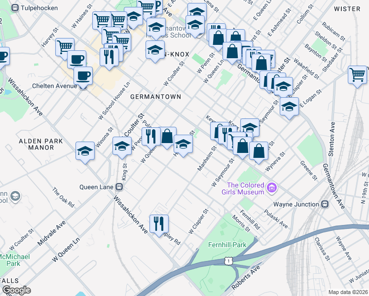 map of restaurants, bars, coffee shops, grocery stores, and more near 251 Hansberry Street in Philadelphia