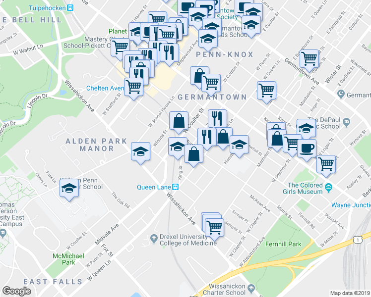 map of restaurants, bars, coffee shops, grocery stores, and more near 419 West Penn Street in Philadelphia