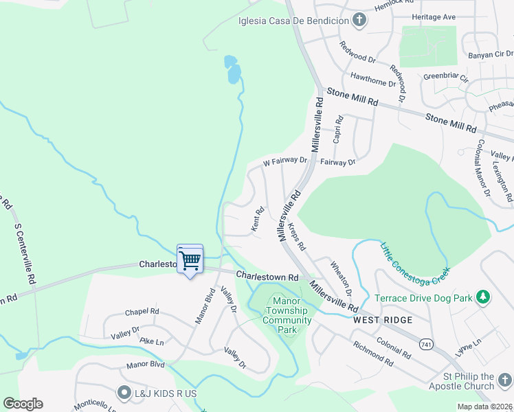 map of restaurants, bars, coffee shops, grocery stores, and more near 105 Kent Road in Lancaster