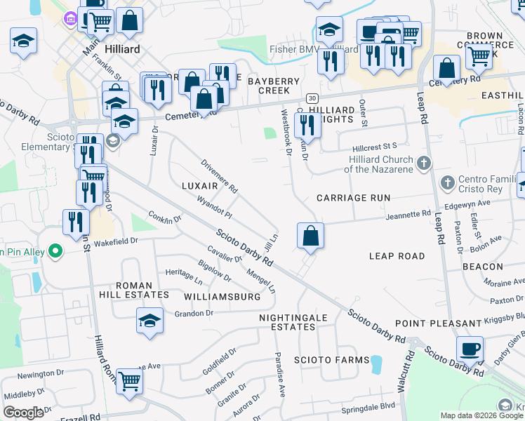map of restaurants, bars, coffee shops, grocery stores, and more near 5036 Drivemere Road in Hilliard