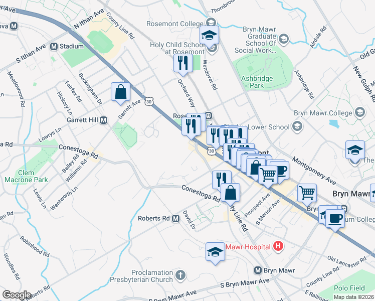map of restaurants, bars, coffee shops, grocery stores, and more near 1250 Lancaster Avenue in Bryn Mawr