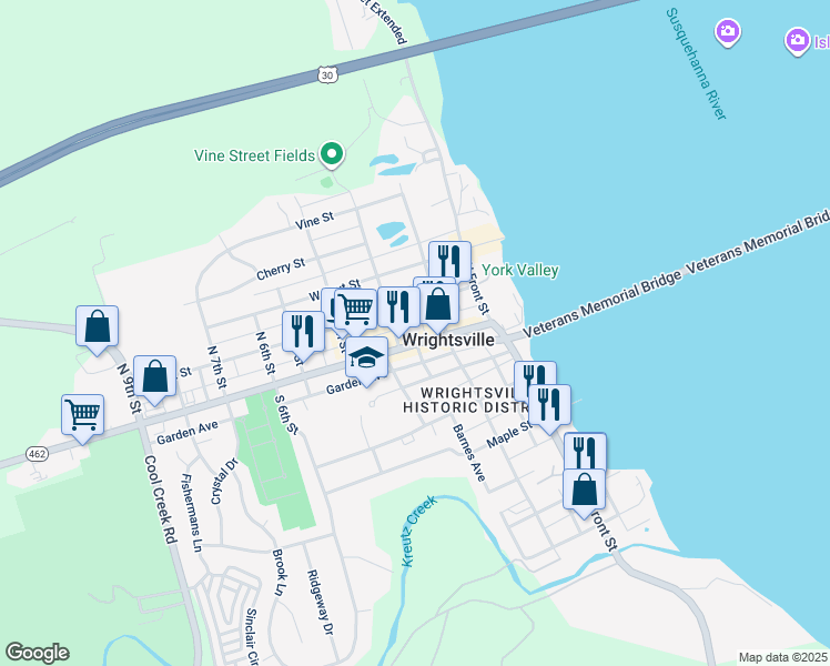 map of restaurants, bars, coffee shops, grocery stores, and more near 226 Hellam Street in Wrightsville