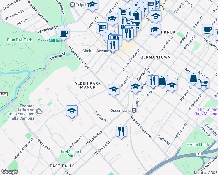map of restaurants, bars, coffee shops, grocery stores, and more near 471 West School House Lane in Philadelphia