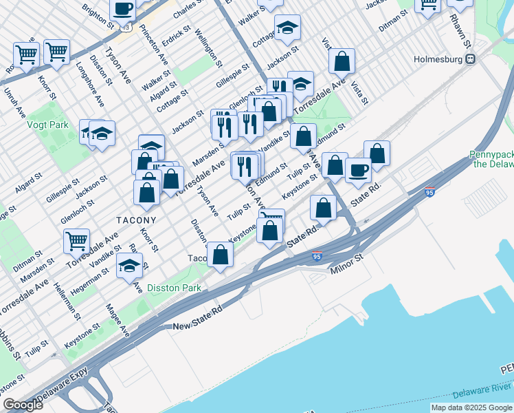 map of restaurants, bars, coffee shops, grocery stores, and more near 4908 Princeton Avenue in Philadelphia