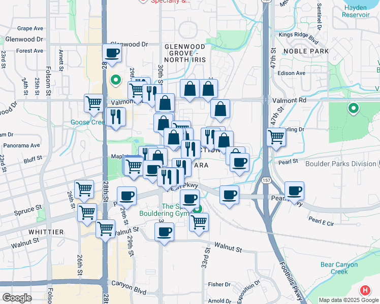 map of restaurants, bars, coffee shops, grocery stores, and more near 2445 Junction Place in Boulder