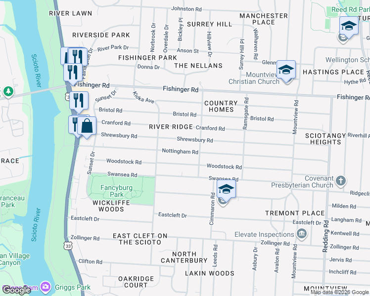 map of restaurants, bars, coffee shops, grocery stores, and more near 2514 Nottingham Road in Columbus