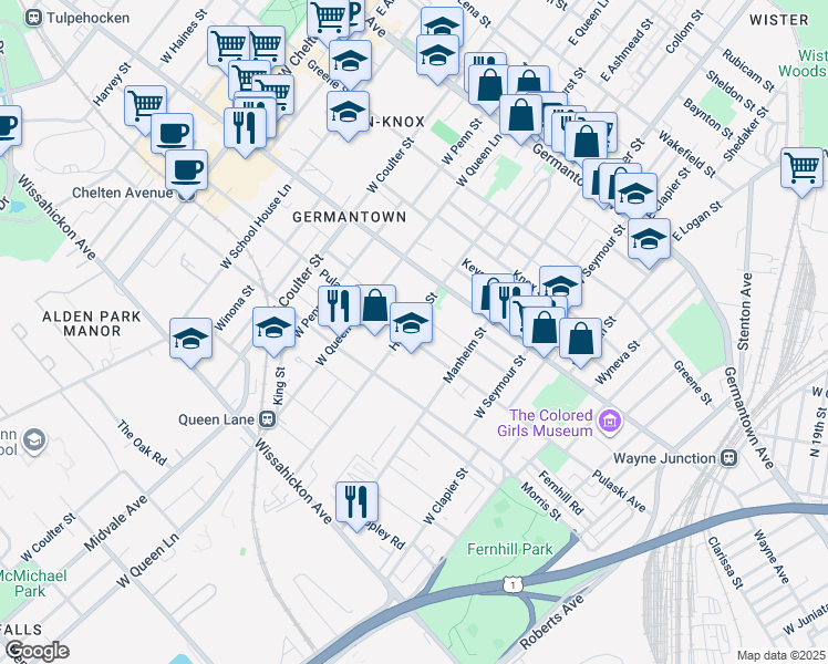 map of restaurants, bars, coffee shops, grocery stores, and more near 251 Hansberry Street in Philadelphia