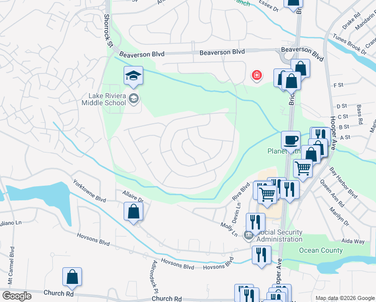 map of restaurants, bars, coffee shops, grocery stores, and more near 14 Carter Way in Brick Township