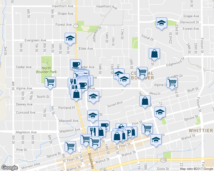 map of restaurants, bars, coffee shops, grocery stores, and more near 1455 Alpine Ave in Boulder