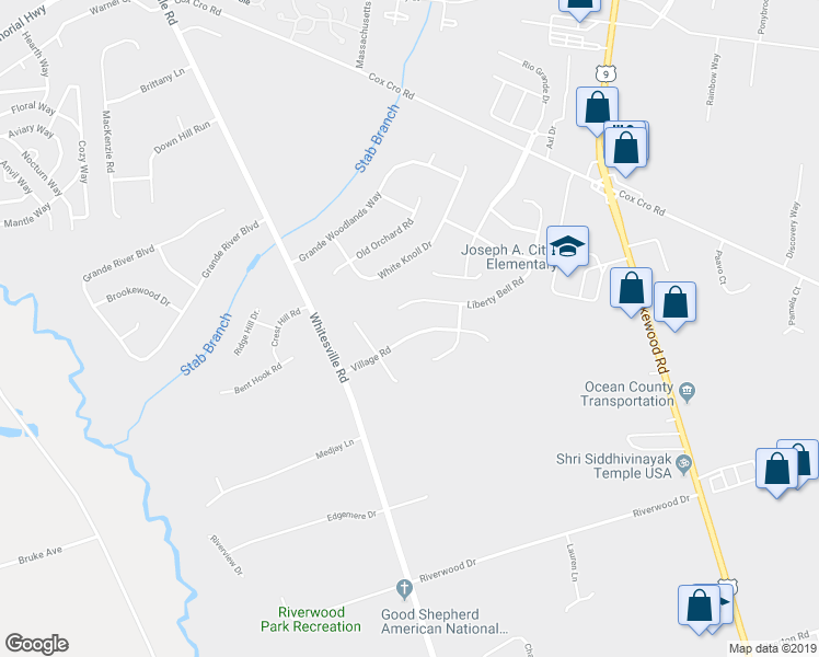 map of restaurants, bars, coffee shops, grocery stores, and more near 163 Village Road in Toms River