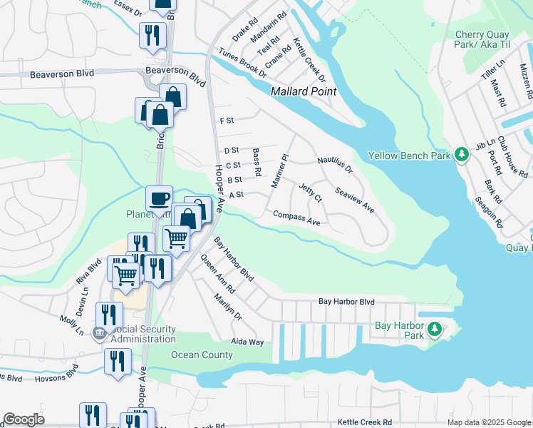 map of restaurants, bars, coffee shops, grocery stores, and more near 63 Mariner Place in Brick Township