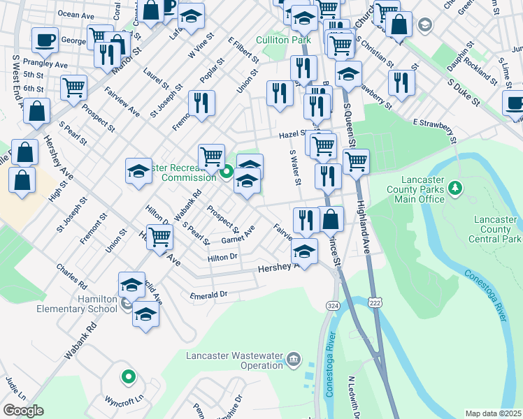 map of restaurants, bars, coffee shops, grocery stores, and more near 635 Fairview Avenue in Lancaster