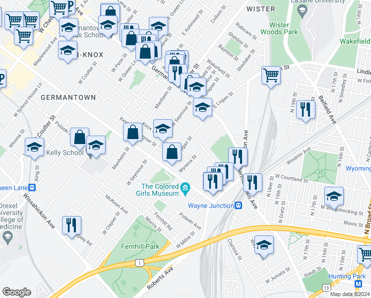 map of restaurants, bars, coffee shops, grocery stores, and more near 132 West Logan Street in Philadelphia