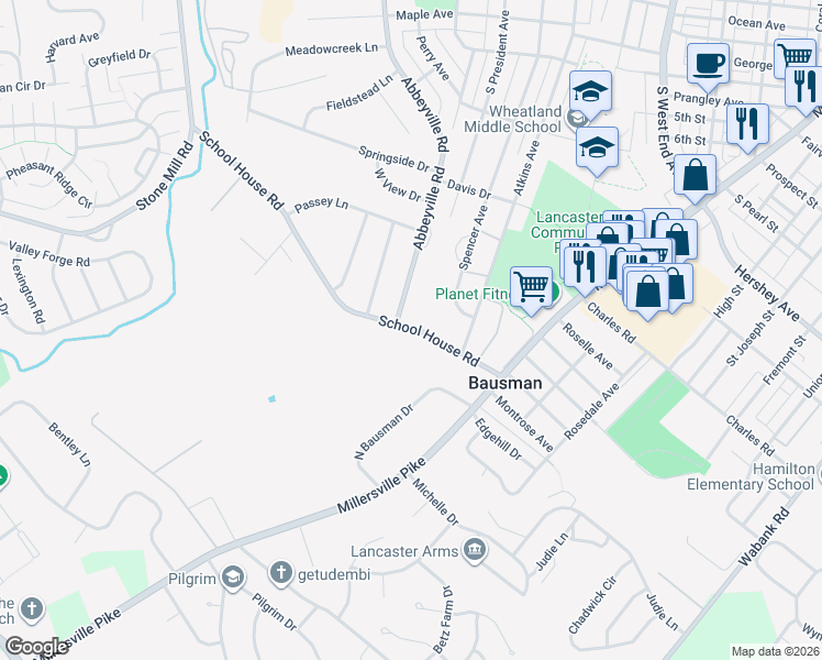 map of restaurants, bars, coffee shops, grocery stores, and more near 100 School House Road in Lancaster