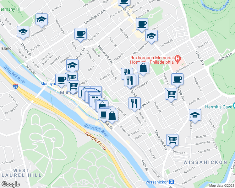 map of restaurants, bars, coffee shops, grocery stores, and more near 4221 Terrace Street in Philadelphia