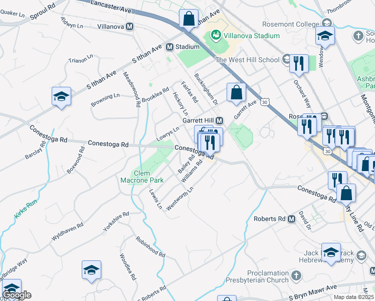 map of restaurants, bars, coffee shops, grocery stores, and more near 838 Conestoga Road in Bryn Mawr