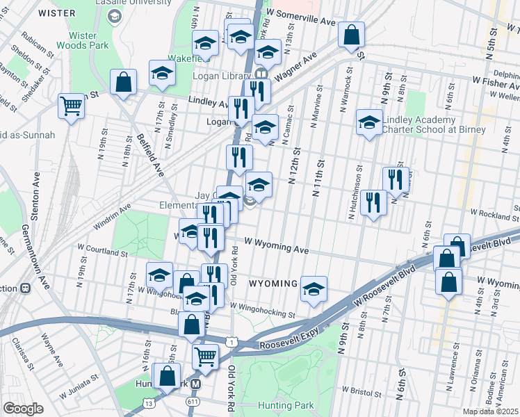 map of restaurants, bars, coffee shops, grocery stores, and more near 1300 West Loudon Street in Philadelphia