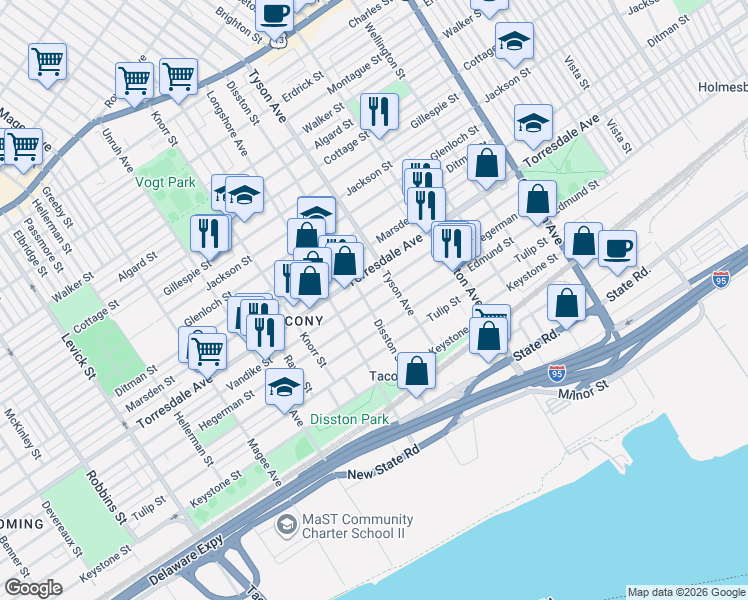 map of restaurants, bars, coffee shops, grocery stores, and more near 4712 Disston Street in Philadelphia