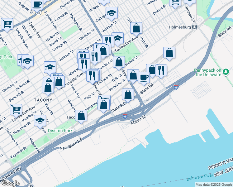 map of restaurants, bars, coffee shops, grocery stores, and more near 4919 National St in Philadelphia