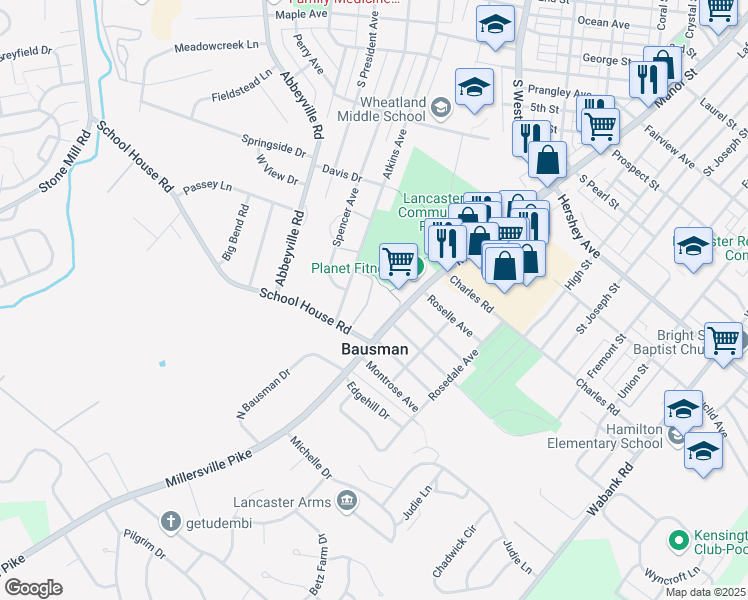 map of restaurants, bars, coffee shops, grocery stores, and more near 1436 Manor House Lane in Lancaster