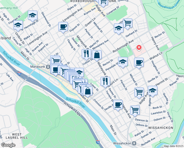 map of restaurants, bars, coffee shops, grocery stores, and more near 4221 Terrace Street in Philadelphia
