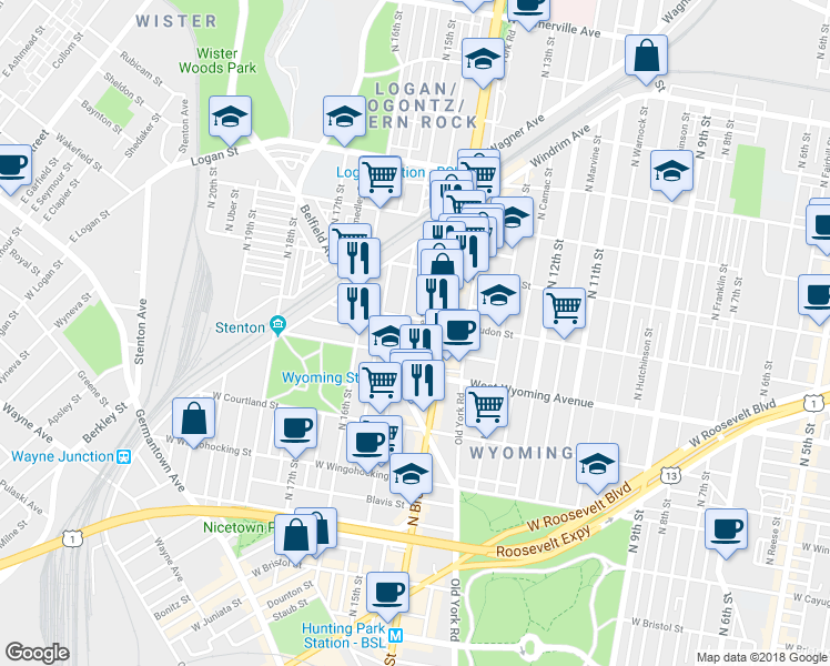 map of restaurants, bars, coffee shops, grocery stores, and more near 4750 North Carlisle Street in Philadelphia