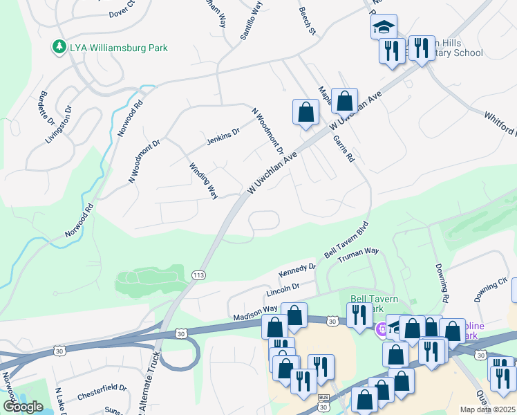 map of restaurants, bars, coffee shops, grocery stores, and more near 257 Tall Trees Circle in Downingtown