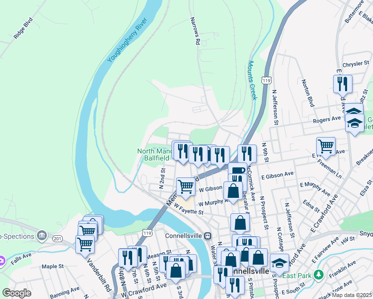 map of restaurants, bars, coffee shops, grocery stores, and more near 401 Connell Avenue in Connellsville