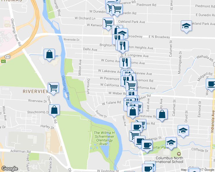 map of restaurants, bars, coffee shops, grocery stores, and more near 107 West California Avenue in Columbus