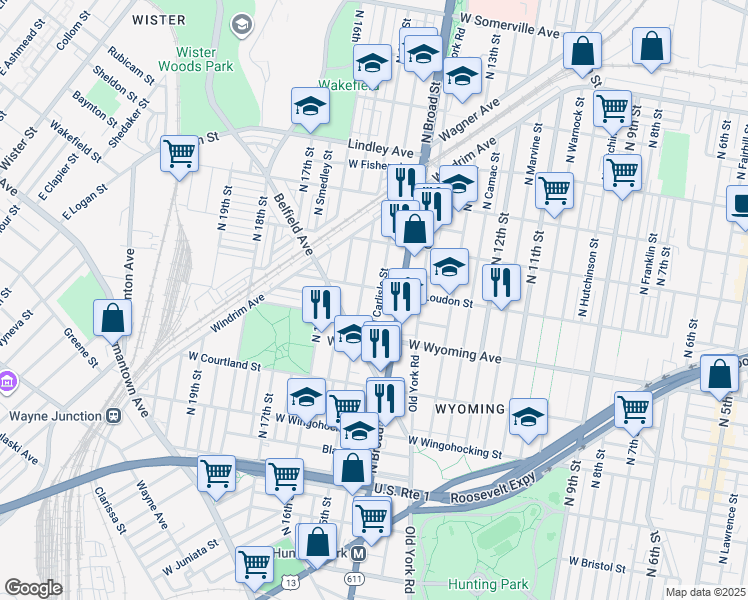 map of restaurants, bars, coffee shops, grocery stores, and more near 4750 North Carlisle Street in Philadelphia