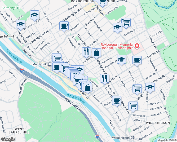 map of restaurants, bars, coffee shops, grocery stores, and more near 217 Rector Street in Philadelphia