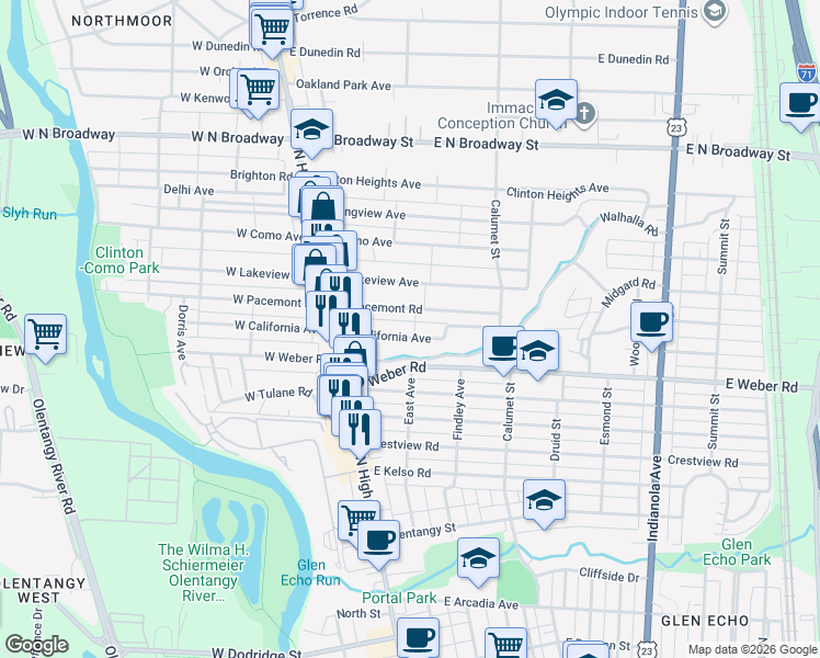 map of restaurants, bars, coffee shops, grocery stores, and more near 100 East California Avenue in Columbus