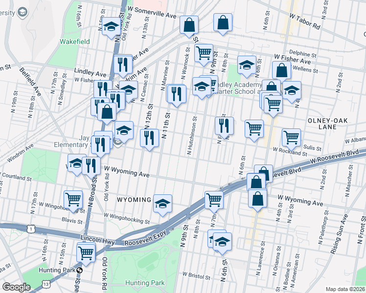 map of restaurants, bars, coffee shops, grocery stores, and more near 4827 North Warnock Street in Philadelphia