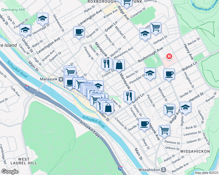 map of restaurants, bars, coffee shops, grocery stores, and more near 217 Rector Street in Philadelphia