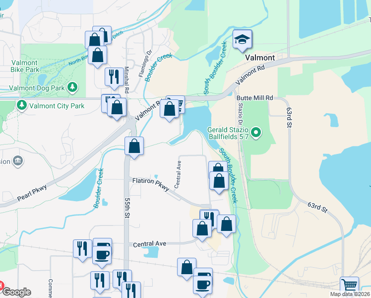 map of restaurants, bars, coffee shops, grocery stores, and more near 2226-2598 Central Ave in Boulder