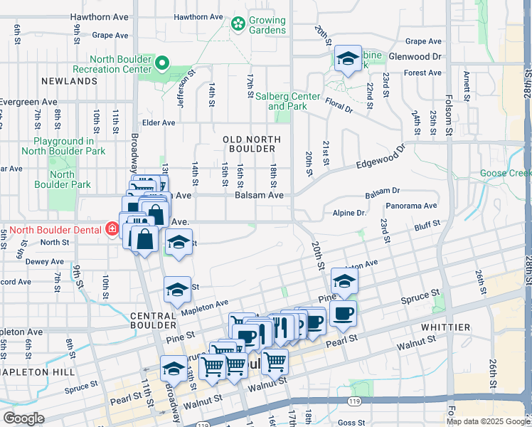 map of restaurants, bars, coffee shops, grocery stores, and more near 2730-2732 17th Street in Boulder