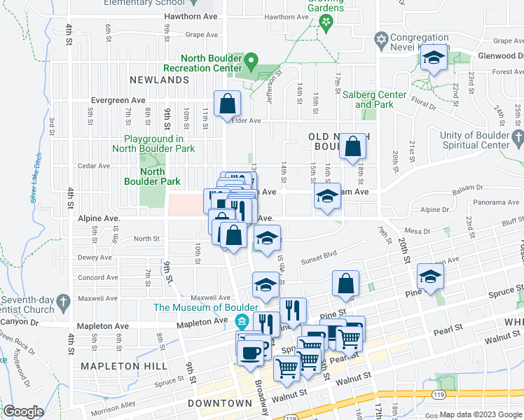map of restaurants, bars, coffee shops, grocery stores, and more near 1275 Alpine Drive in Boulder