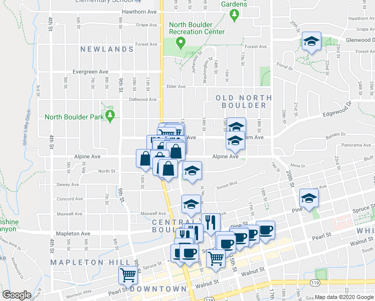map of restaurants, bars, coffee shops, grocery stores, and more near 1275 Alpine Drive in Boulder