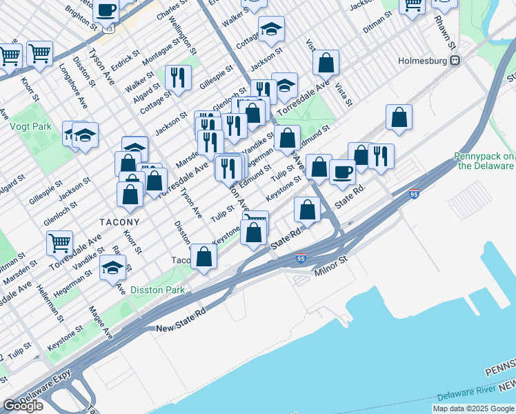 map of restaurants, bars, coffee shops, grocery stores, and more near 7118 Keystone Street in Philadelphia
